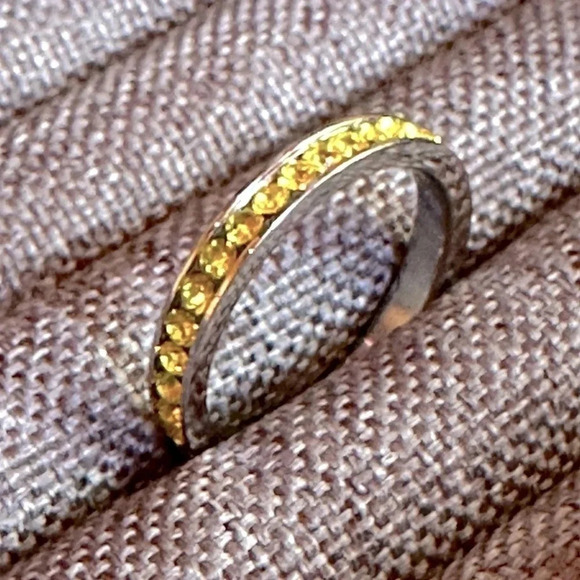 Yellow Citrine Colored CZ Stainless Steel Eternity Band Ring November Birthstone - Picture 3 of 6